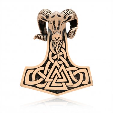 Handcrafted Bronze Viking Thor Hammer Mjolnir Ram Goat Head Valknut Knotwork Pendant