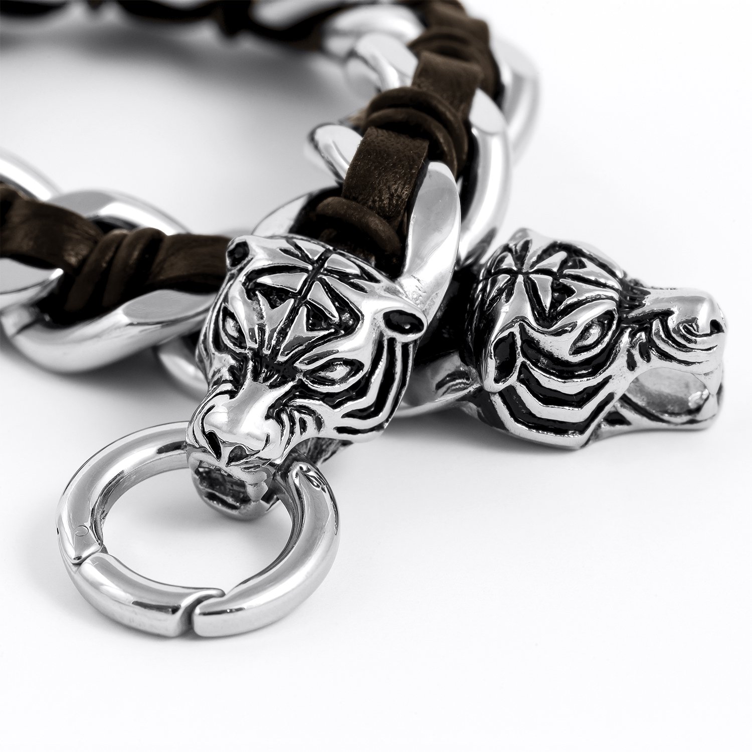 Stainless Steel Viking Tiger Head with Dark Brown Leather Curb Chain Biker Bracelet