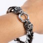 Stainless Steel Viking Tiger Head with Dark Brown Leather Curb Chain Biker Bracelet