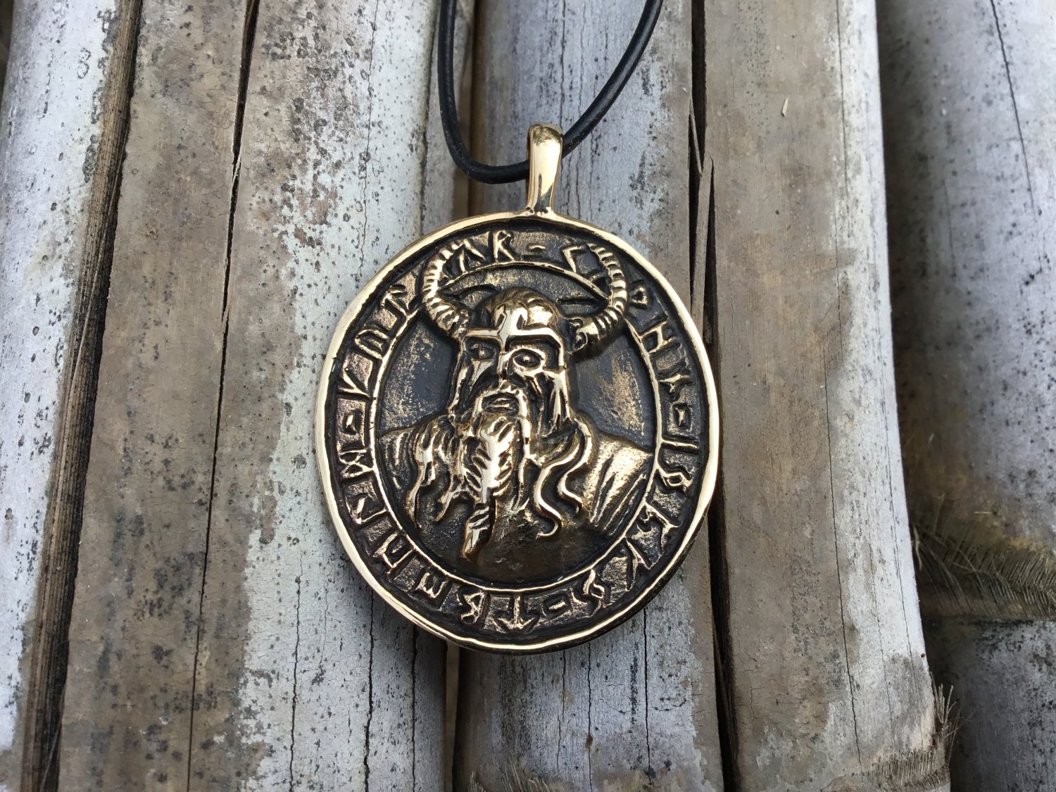 Handcrafted Bronze Viking Warrior Fighter Helmet with Runes Amulet Pendant