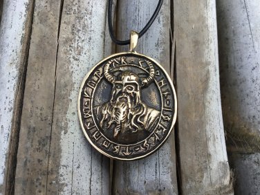 Handcrafted Bronze Viking Warrior Fighter Helmet with Runes Amulet Pendant