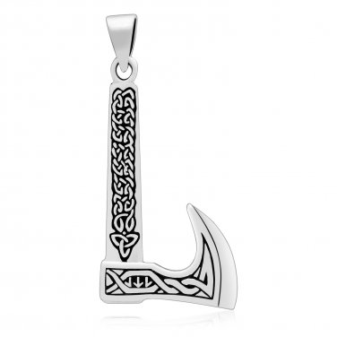 925 Sterling Silver Viking Axe Pagan Knotwork Runes Double Sided Pendant