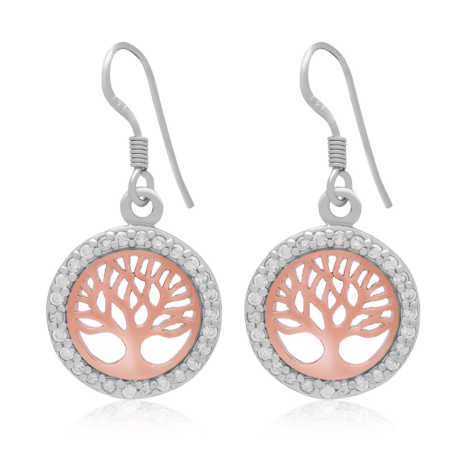 925 Sterling Silver Rose Gold Plated Viking Yggdrasil Tree of Life Cubic Zirconia Earrings Set