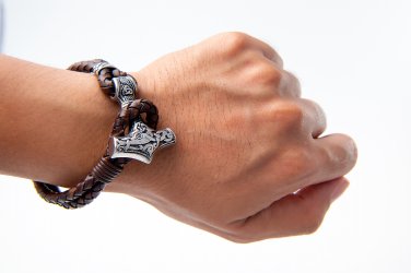 Stainless Steel Viking Thor Hammer Mjolnir Antique Brown Leather Bracelet