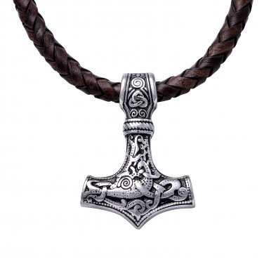 Stainless Steel Viking Thor Hammer Mjolnir Brown Leather Pendant Necklace