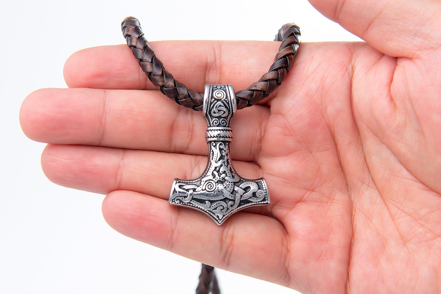 Stainless Steel Viking Thor Hammer Mjolnir Brown Leather Pendant Necklace