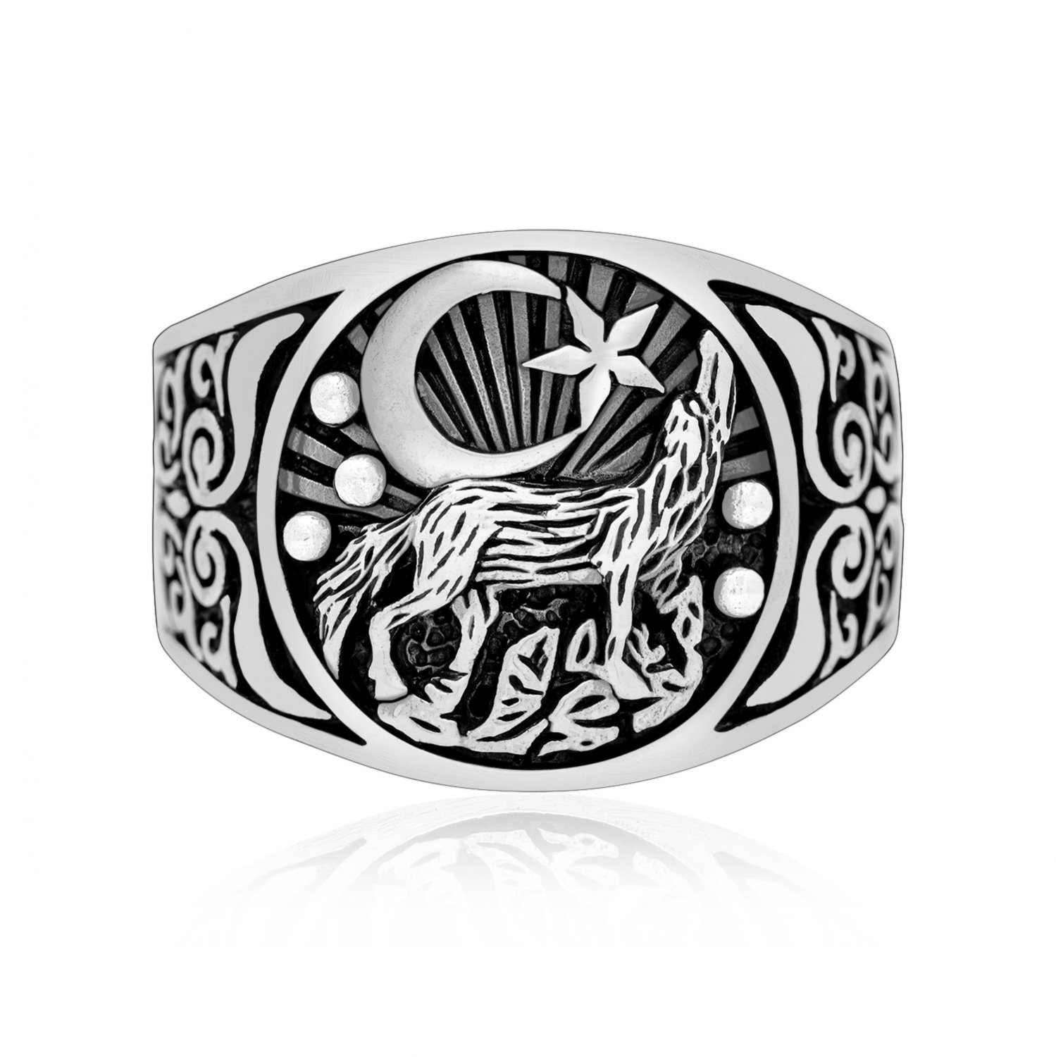 925 Sterling Silver Howling Wolf Viking Wiccan Moon Star Ring