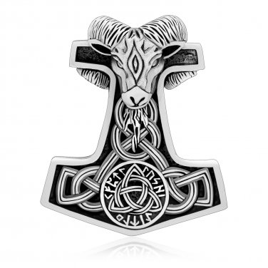 925 Sterling Silver Viking Thor Hammer Mjolnir Ram Goat Head Runes Triquetra Knotwork Pendant