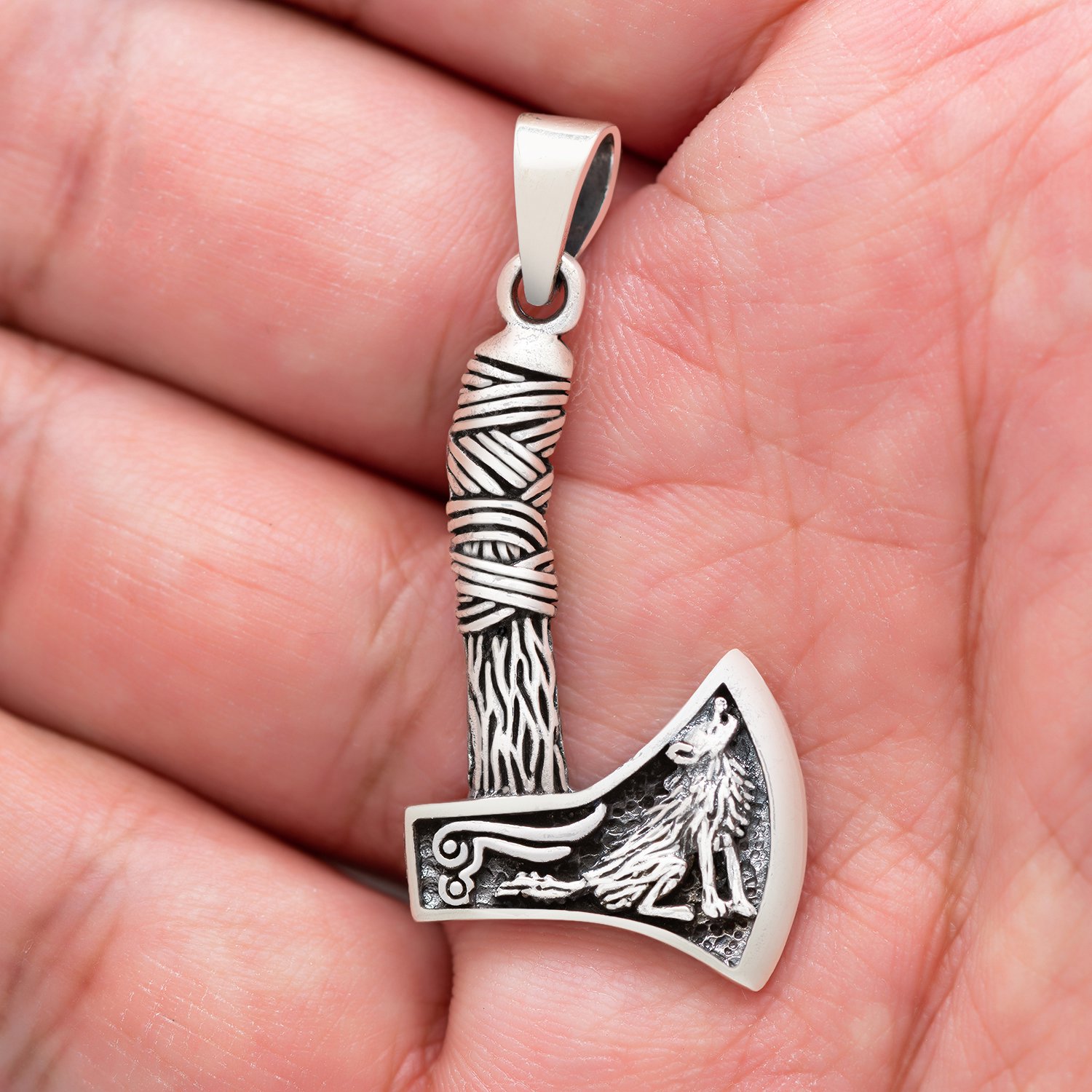 925 Sterling Silver Viking Axe Howling Wolf Fenrir Knotwork Double