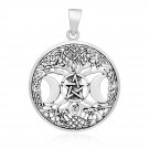 925 Sterling Silver Triple Moon Goddess Tree of Life Pentacle Pentagram Wiccan Pendant