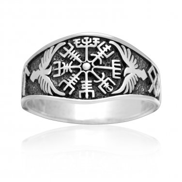 925 Sterling Silver Viking Vegvisir Compass Raven Runes Band Ring