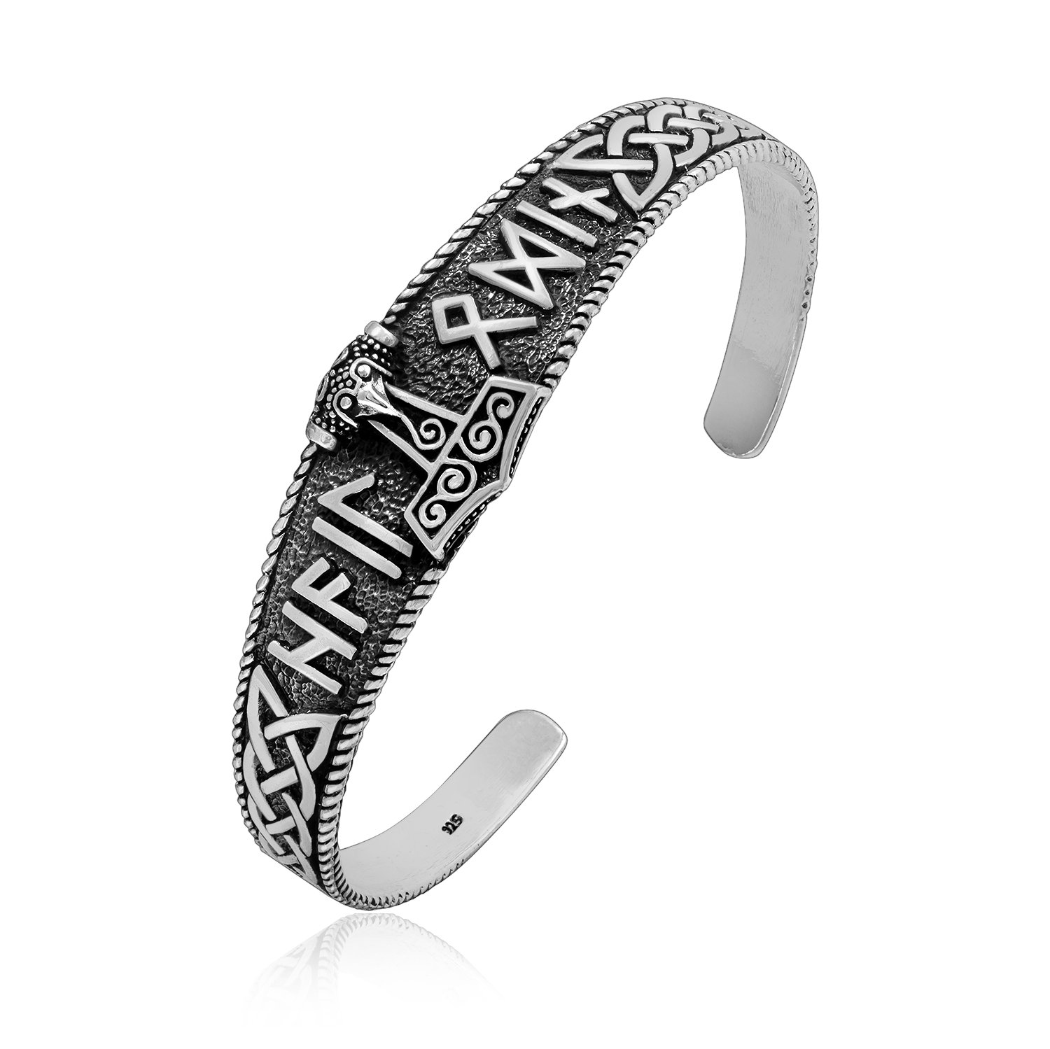 925 Sterling Silver Thor Hammer Mjolnir Hail Odin Runes Infinity Knots Pagan Bangle Bracelet