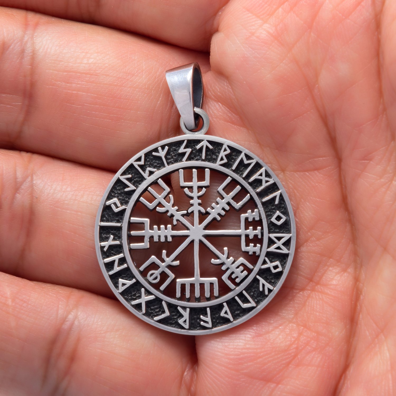 925 Sterling Silver Viking Vegvisir Compass Norse Runes Futhark Pagan Pendant