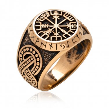 Viking Vegvisir Compass Old Norse Runes Legendary Ring Handcrafted from Bronze