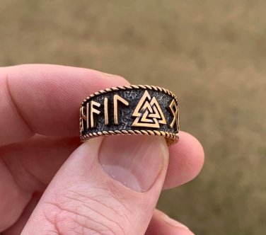 Handcrafted Bronze Viking Valknut Runes Norse Futhark Legendary Band Ring