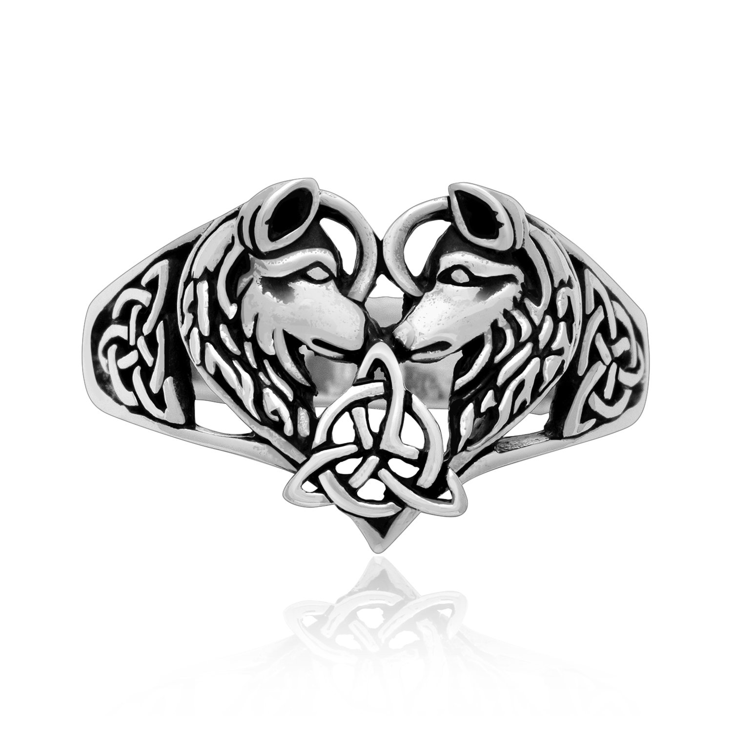925 Sterling Silver Viking Pair of Wolves Fenrir Triquetra Wolf Pagan Jewelry Ring