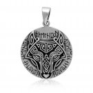 925 Sterling Silver Viking Wolf Fenrir Head Norse Runes Knotwork Pendant