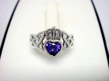 925 Sterling Silver Celtic Irish Claddagh Purple Heart CZ Cubic Zirconia Ring