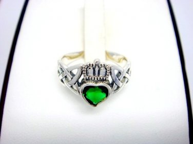 925 Sterling Silver Celtic Irish Claddagh Green Heart CZ Cubic Zirconia Ring