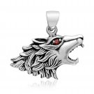 925 Sterling Silver Viking Wolf Fenrir Head with Cubic Zirconia Red CZ Eye Pendant