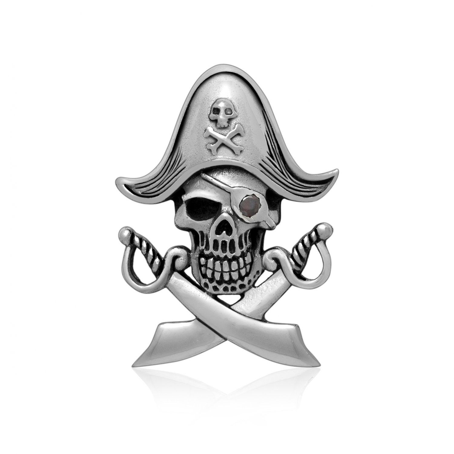 925 Sterling Silver Skull Pirate Caribbean Cross Swords Cubic Zirconia Red CZ Eye Gothic Pendant