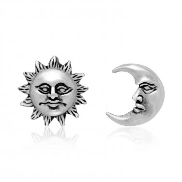 925 Sterling Silver Sun Crescent Moon Face Celestial Stud Earrings