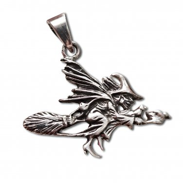 925 Sterling Silver Flying Witch on Broomstick Wiccan Pagan Witchcraft Pendant