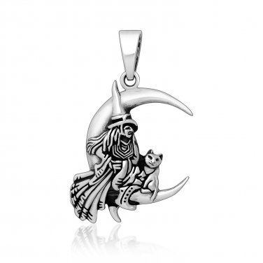 925 Sterling Silver Flying Witch on Crescent Moon Wiccan Pagan Witchcraft Pendant