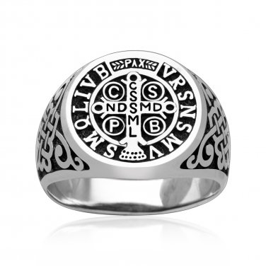 925 Sterling Silver Saint St Benedict Medal Cross Crucifix  Catholic Christian Ring