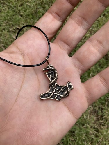 Handcrafted Bronze Thor Hammer Mjolnir Viking Jormungand Dragon Solid Amulet Pendant