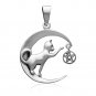 925 Sterling Silver Cat on the Crescent Moon Celestial Pentagram Wiccan Pendant