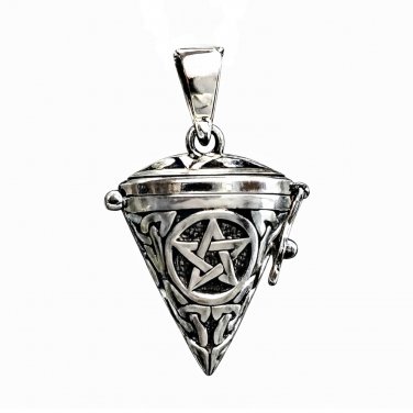 925 Sterling Silver Pentagram Pentacle Cone-Shaped Triquetra Wiccan Locket Pendant