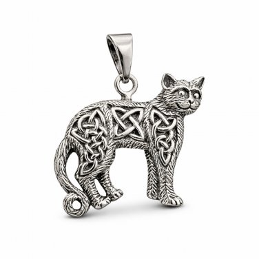 925 Sterling Silver Cat Celtic Triquetra Knotwork Celtic Pagan Wiccan Pendant