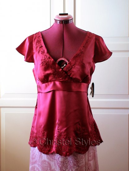 Red Embroidered Empire Baby Doll Silk Top Size M (was $22)