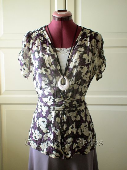 Cream-Purple-Black Floral Blouse Top Size S (was $18)
