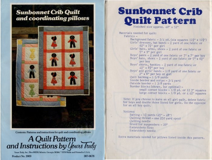 Sunbonnet Crib Quilt and Coordinating Pillows Pattern