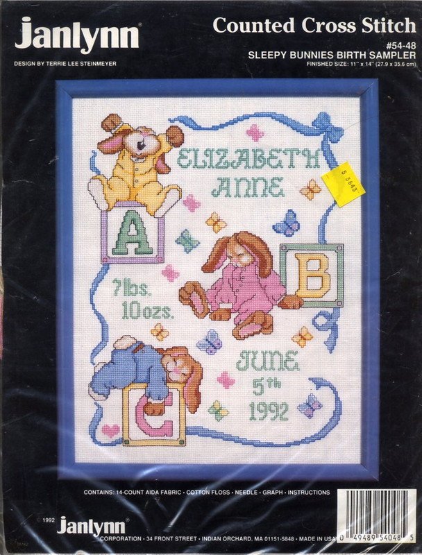Janlynn "Sleepy Bunnies Birth Sampler" Cross Stitch Kit