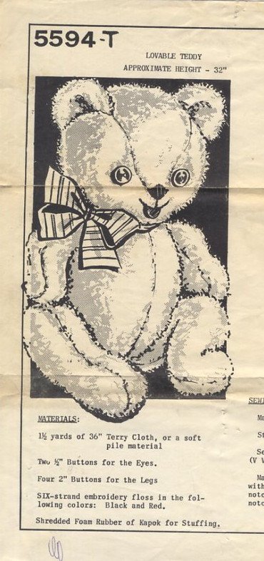 Vintage Loveable Teddy Pattern 5594-T Approx 32"