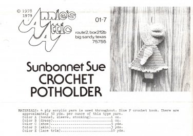 Annie's Attic Sunbonnet Sue Crochet Potholder Doll Pattern - 01-7