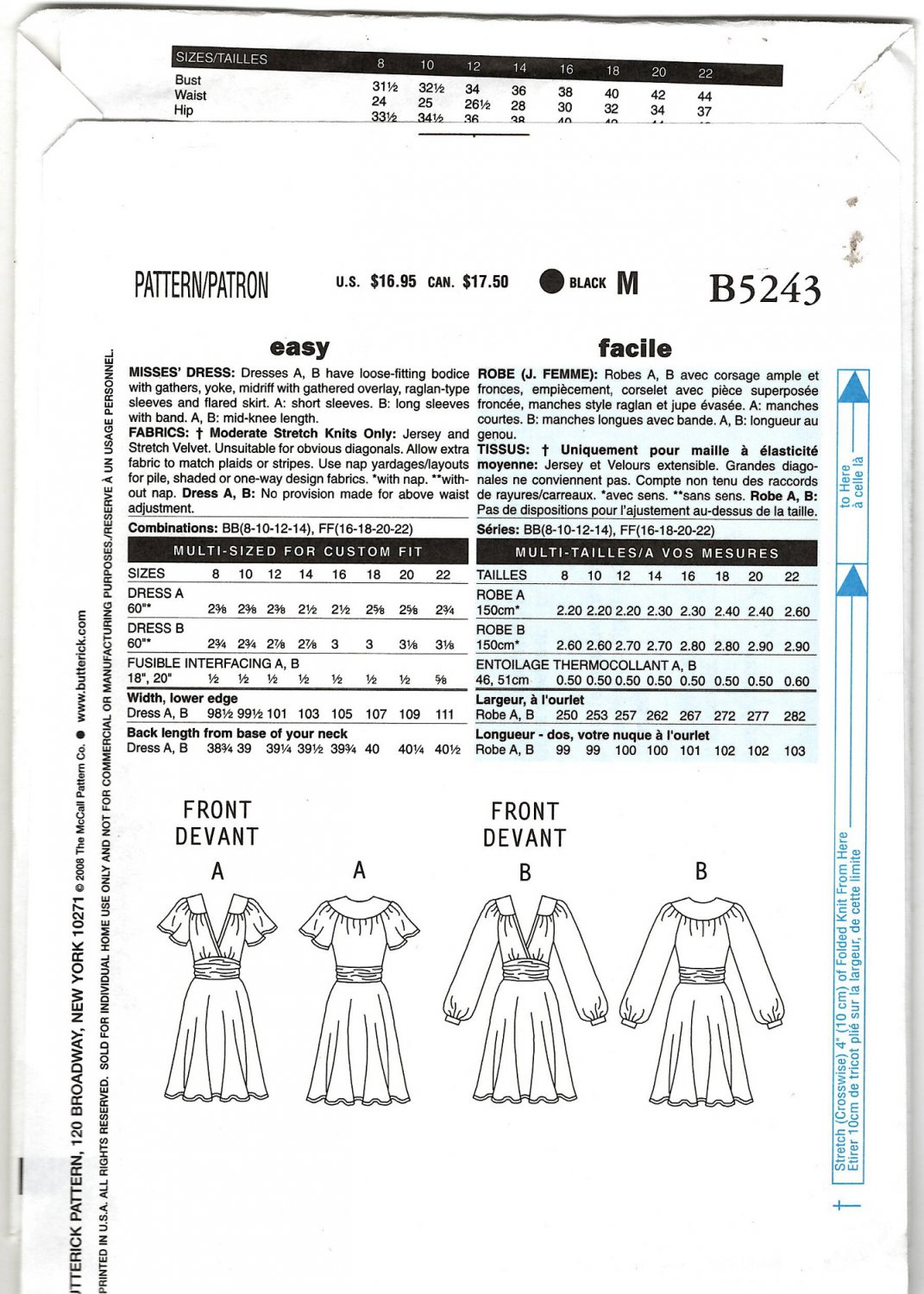 Butterick B5243 Easy Misses Dress Pattern Size 8 10 12 14 Uncut