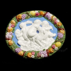 [S91 N] 8"x6,3/4" Della Robbia ceramic plaque Babies (cherubs) playing with a dog. Italy