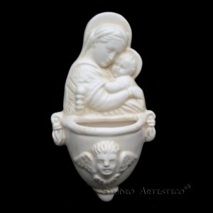 [A33 WH] 4,3/4â��X2,3/4â�� Italian Della Robbia ceramic FONT Madonna with child