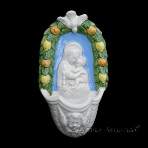 [A53 N] 7"X4" Italian Della Robbia ceramic FONT Madonna with child (Boccadirio)