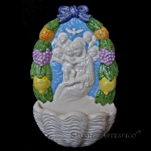 [A42 A] 11â��x6â�� Italian Della Robbia ceramic HOLY WATER FONT Madonna with child (Boccadirio)