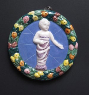 [P07 R] 4,1/4" Della Robbia ceramic plaque BABY IN SWADDLING CLOTHES Hand made in Italy