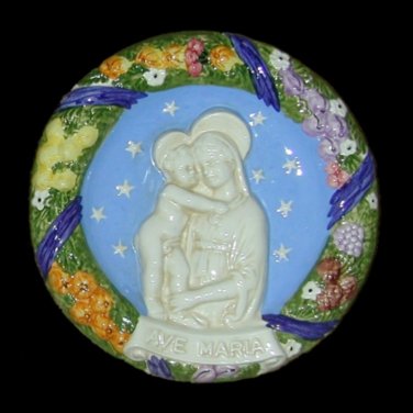 [S87 N-B] 9" Italian Della Robbia ceramic wall plaque Madonna with child