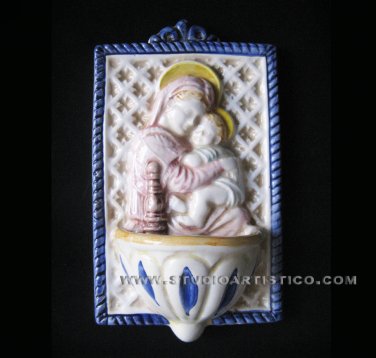 [A13 DEC-A] 7"X4" Italian Della Robbia ceramic HOLY WATER FONT Madonna with child
