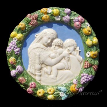 [S09] 7,1/2" Italian Della Robbia Virgin w/ child & baby St.John (Madonna of the chair) ceramic