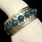 Vintage Silvertone Bracelet Wide Cuff Bangle Faux Turquoise Stones