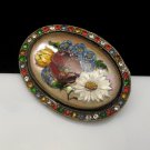 Vintage Brooch Pin Reverse Painted Intaglio Glass Flowers